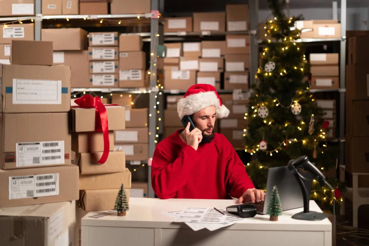business owner taking call for inventory management during festive period