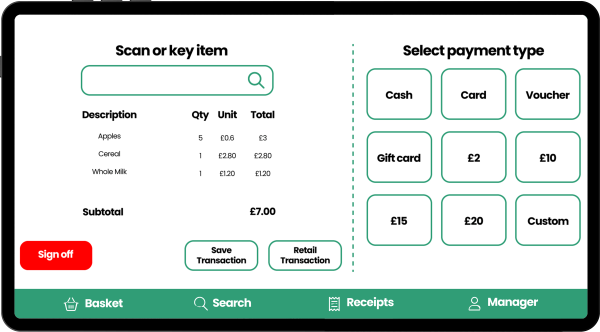 epos till system screen showing different customer payment methods